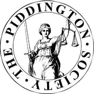 Logo for The Piddington Society - an image of a lady holding a scale in her left hand and a sword in her right hand.